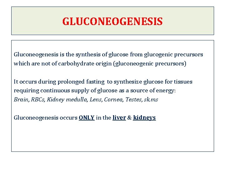 GLUCONEOGENESIS Gluconeogenesis is the synthesis of glucose from glucogenic precursors which are not of