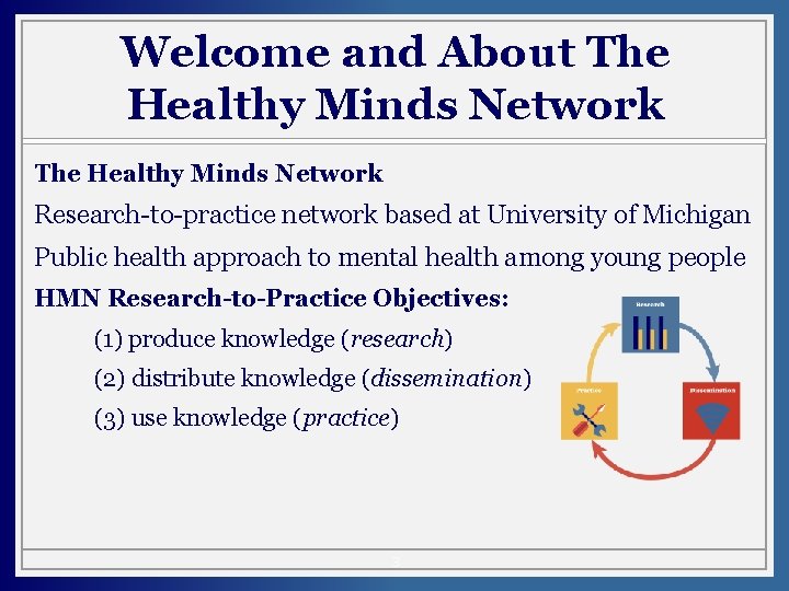 Welcome and About The Healthy Minds Network Research-to-practice network based at University of Michigan