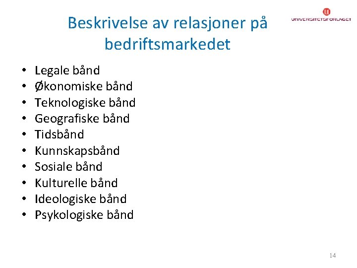 Beskrivelse av relasjoner på bedriftsmarkedet • • • Legale bånd Økonomiske bånd Teknologiske bånd