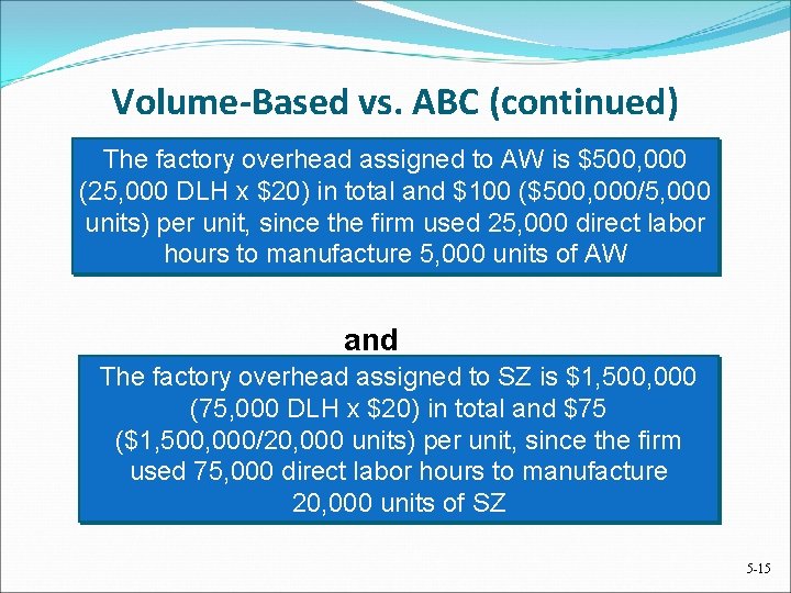 Volume-Based vs. ABC (continued) The factory overhead assigned to AW is $500, 000 (25,