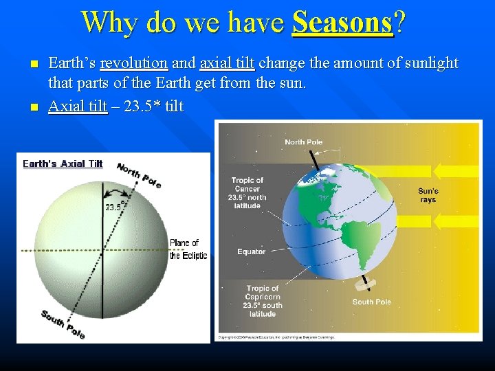 Why do we have Seasons? n n Earth’s revolution and axial tilt change the