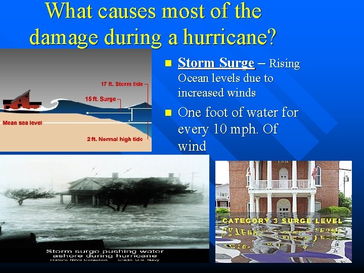 What causes most of the damage during a hurricane? n Storm Surge – Rising