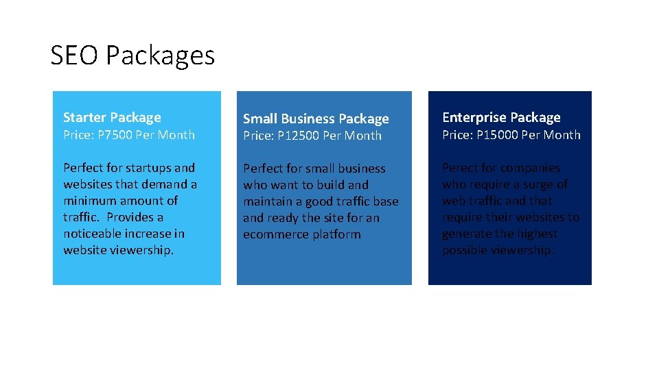 SEO Packages Starter Package Price: P 7500 Per Month Perfect for startups and websites