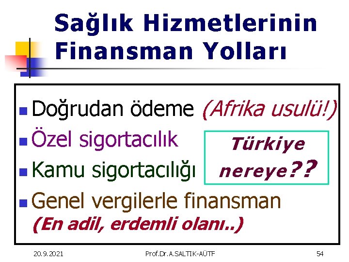 Sağlık Hizmetlerinin Finansman Yolları Doğrudan ödeme (Afrika usulü!) n Özel sigortacılık Türkiye nereye ?