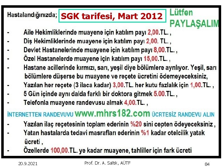 SGK tarifesi, Mart 2012 20. 9. 2021 Prof. Dr. A. Saltık, AÜTF 84 