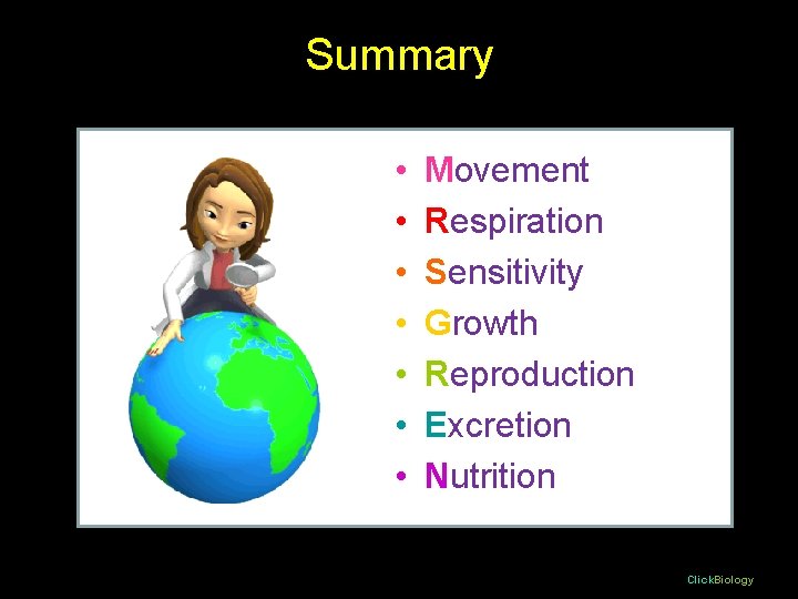 Summary • • Movement Respiration Sensitivity Growth Reproduction Excretion Nutrition Click. Biology Summary • • Movement Respiration Sensitivity Growth Reproduction Excretion Nutrition Click. Biology