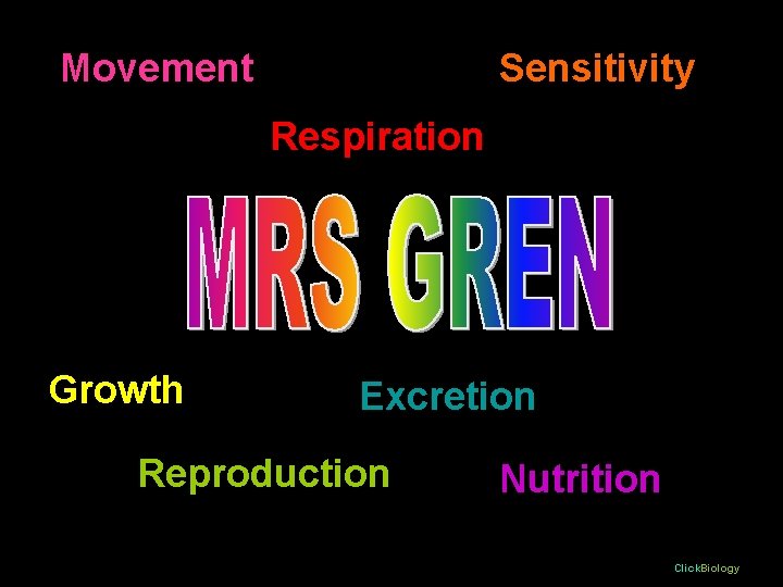 Movement Sensitivity Respiration Growth Excretion Reproduction Nutrition Click. Biology Movement Sensitivity Respiration Growth Excretion Reproduction Nutrition Click. Biology