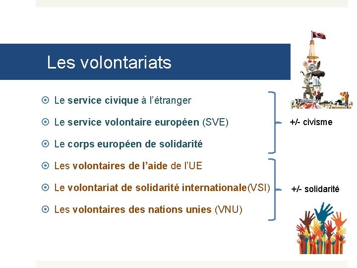 Les volontariats Le service civique à l’étranger Le service volontaire européen (SVE) +/- civisme