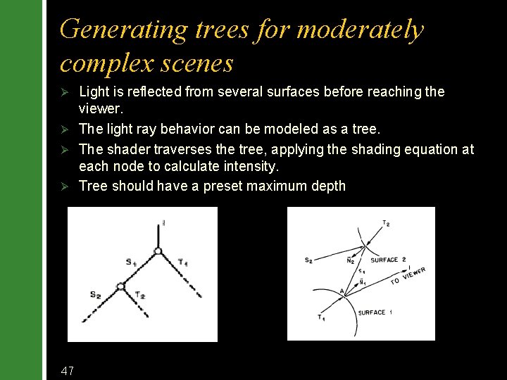 Generating trees for moderately complex scenes Light is reflected from several surfaces before reaching