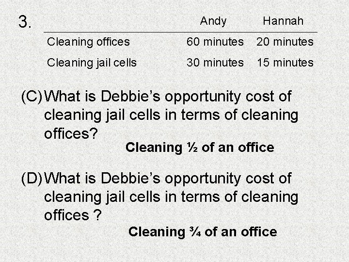 3. Andy Hannah Cleaning offices 60 minutes 20 minutes Cleaning jail cells 30 minutes