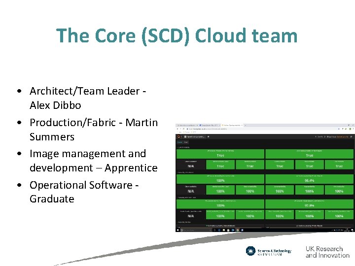 The Core (SCD) Cloud team • Architect/Team Leader Alex Dibbo • Production/Fabric - Martin