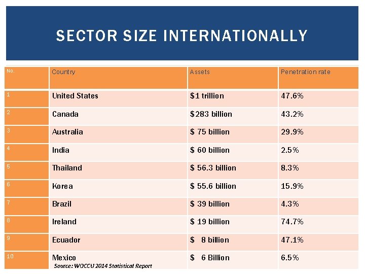 SECTOR SIZE INTERNATIONALLY No. Country Assets Penetration rate 1 United States $1 trillion 47.