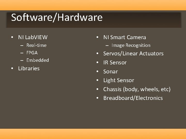 Software/Hardware • NI Lab. VIEW – Real-time – FPGA – Embedded • Libraries •