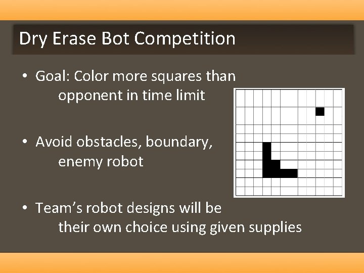 Dry Erase Bot Competition • Goal: Color more squares than opponent in time limit