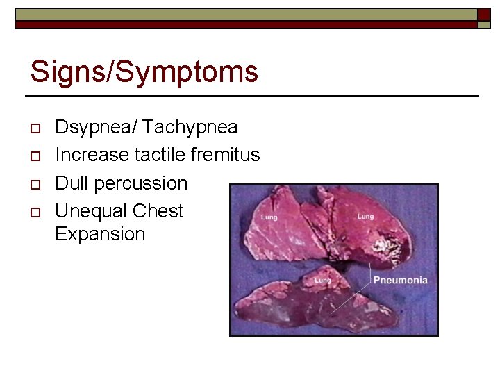 Signs/Symptoms o o Dsypnea/ Tachypnea Increase tactile fremitus Dull percussion Unequal Chest Expansion 