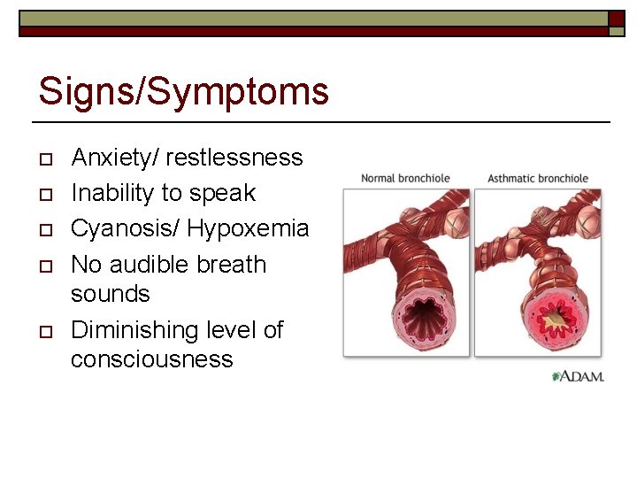 Signs/Symptoms o o o Anxiety/ restlessness Inability to speak Cyanosis/ Hypoxemia No audible breath