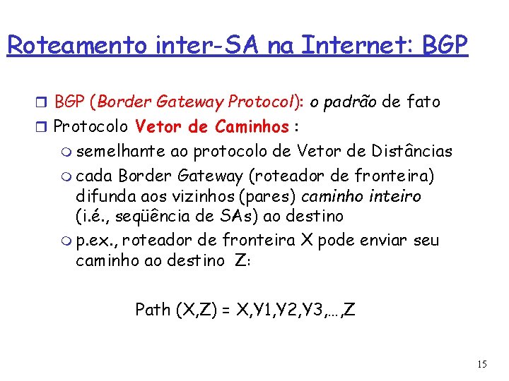 Roteamento inter-SA na Internet: BGP (Border Gateway Protocol): o padrão de fato Protocolo Vetor