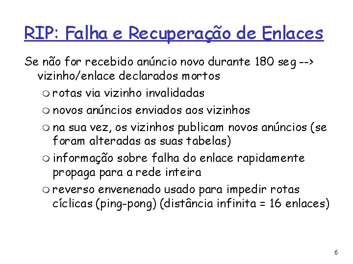 RIP: Falha e Recuperação de Enlaces Se não for recebido anúncio novo durante 180