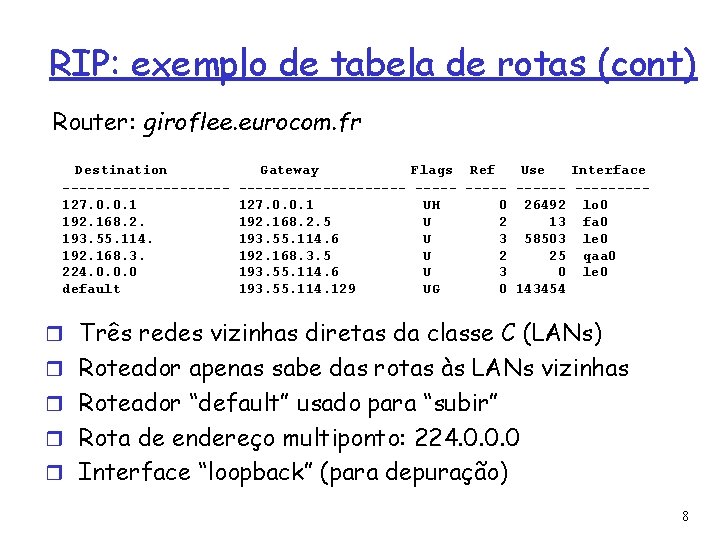 RIP: exemplo de tabela de rotas (cont) Router: giroflee. eurocom. fr Destination ----------127. 0.