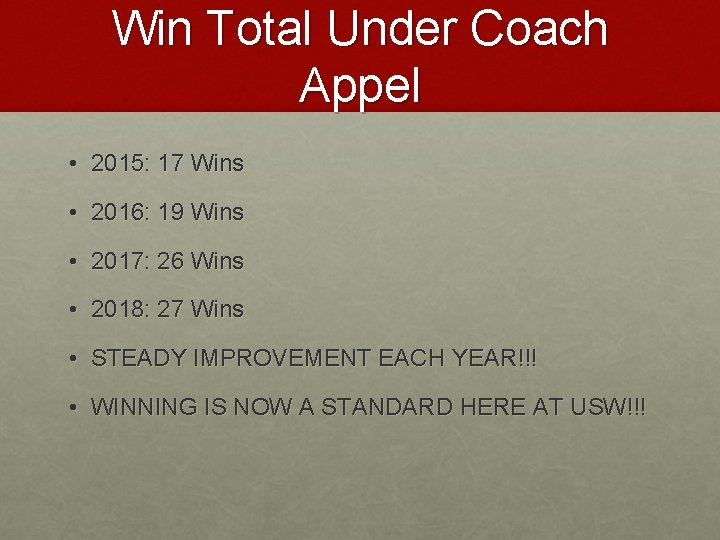 Win Total Under Coach Appel • 2015: 17 Wins • 2016: 19 Wins •