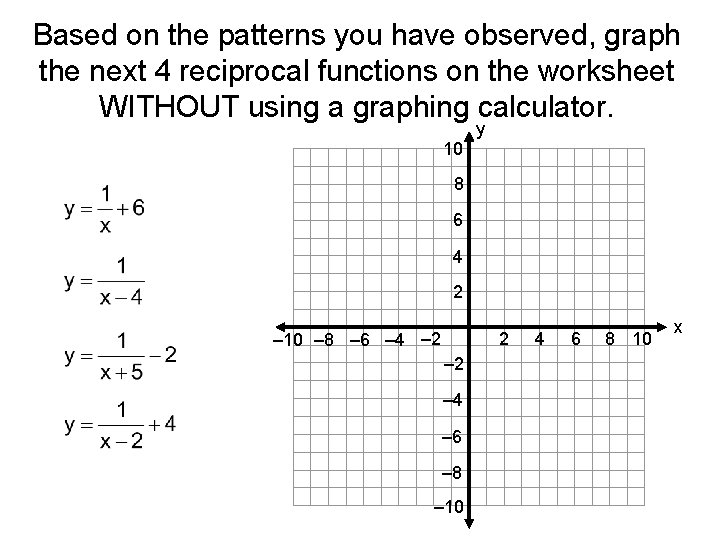 Based on the patterns you have observed, graph the next 4 reciprocal functions on