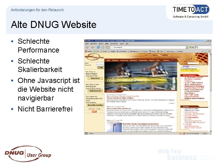 Anforderungen für den Relaunch Alte DNUG Website • Schlechte Performance • Schlechte Skalierbarkeit •