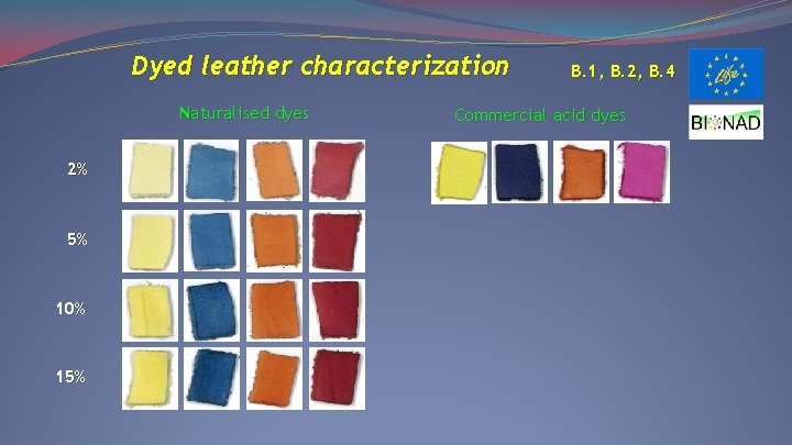 Dyed leather characterization Naturalised dyes 2% 5% 10% 15% B. 1, B. 2, B.