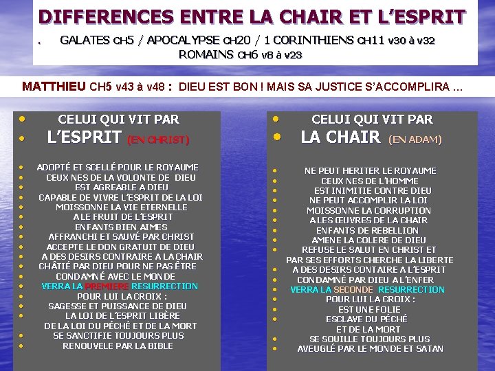 DIFFERENCES ENTRE LA CHAIR ET L’ESPRIT. GALATES CH 5 / APOCALYPSE CH 20 /