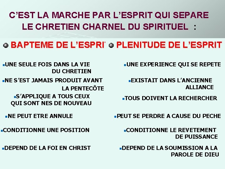 C’EST LA MARCHE PAR L’ESPRIT QUI SEPARE LE CHRETIEN CHARNEL DU SPIRITUEL : BAPTEME