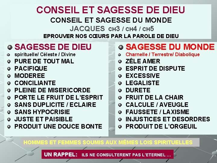 CONSEIL ET SAGESSE DE DIEU CONSEIL ET SAGESSE DU MONDE JACQUES CH 3 /