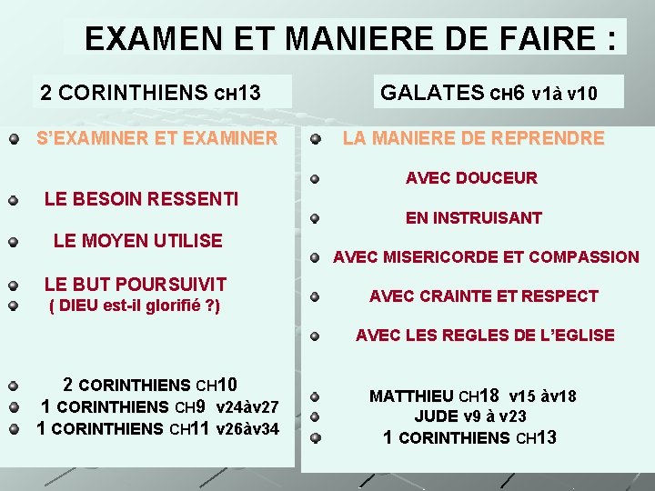 EXAMEN ET MANIERE DE FAIRE : 2 CORINTHIENS CH 13 S’EXAMINER ET EXAMINER GALATES