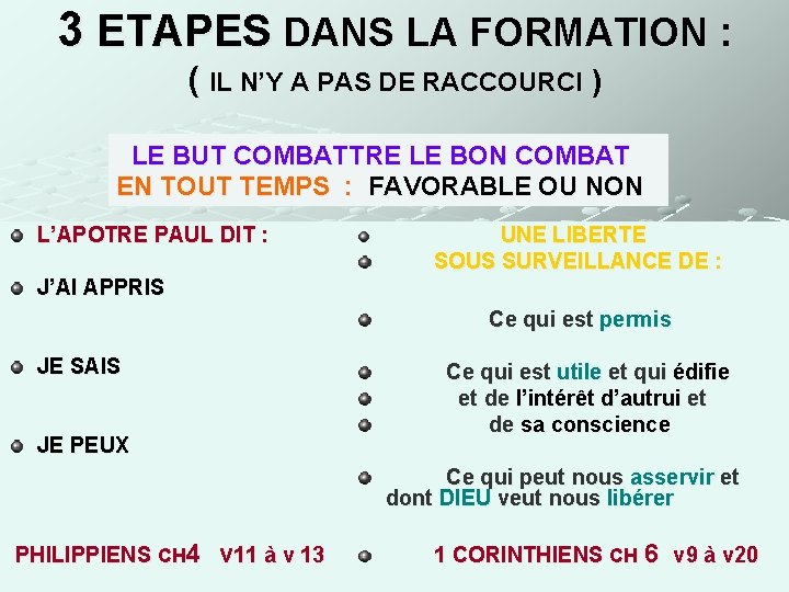 3 ETAPES DANS LA FORMATION : ( IL N’Y A PAS DE RACCOURCI )