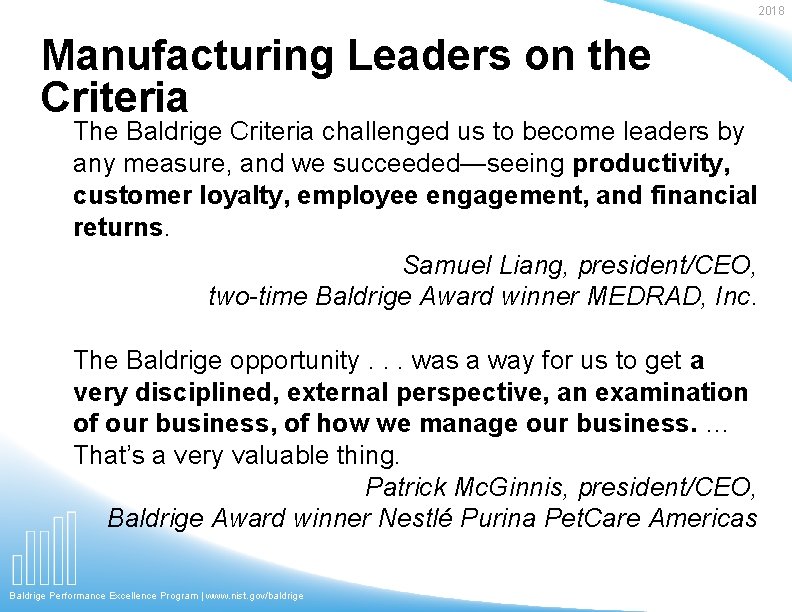 2018 Manufacturing Leaders on the Criteria The Baldrige Criteria challenged us to become leaders