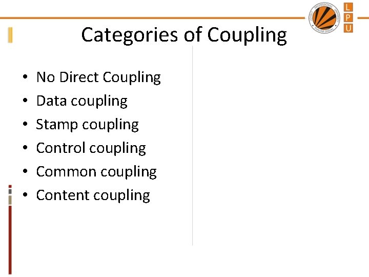 Categories of Coupling • • • No Direct Coupling Data coupling Stamp coupling Control