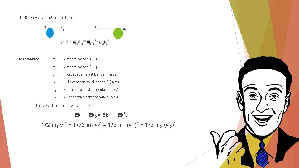 1. Kekekalan Momentum Keterangan: m 1 = massa benda 1 (kg) m 2 =