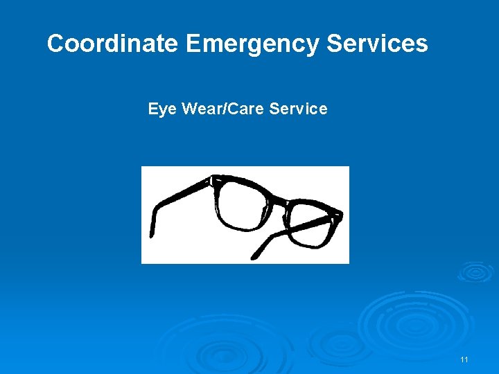 Coordinate Emergency Services Eye Wear/Care Service 11 