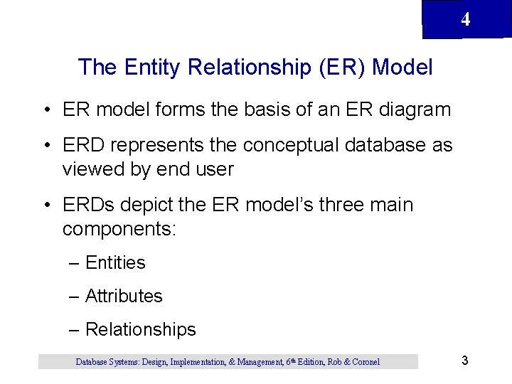 4 The Entity Relationship (ER) Model • ER model forms the basis of an