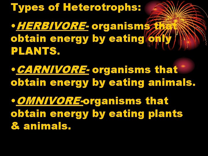 Types of Heterotrophs: • HERBIVORE- organisms that obtain energy by eating only PLANTS. •