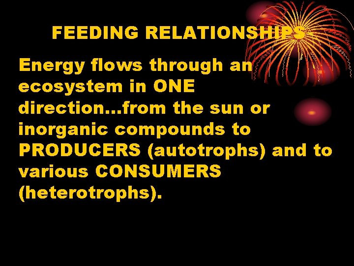 FEEDING RELATIONSHIPS Energy flows through an ecosystem in ONE direction…from the sun or inorganic