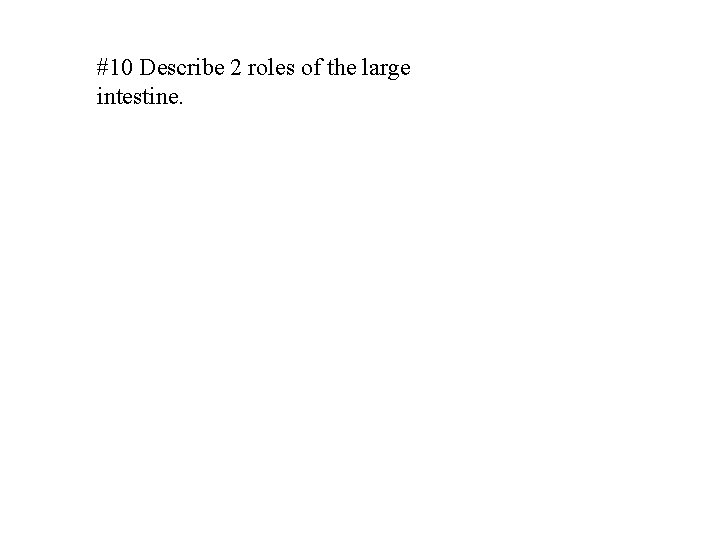 #10 Describe 2 roles of the large intestine. 