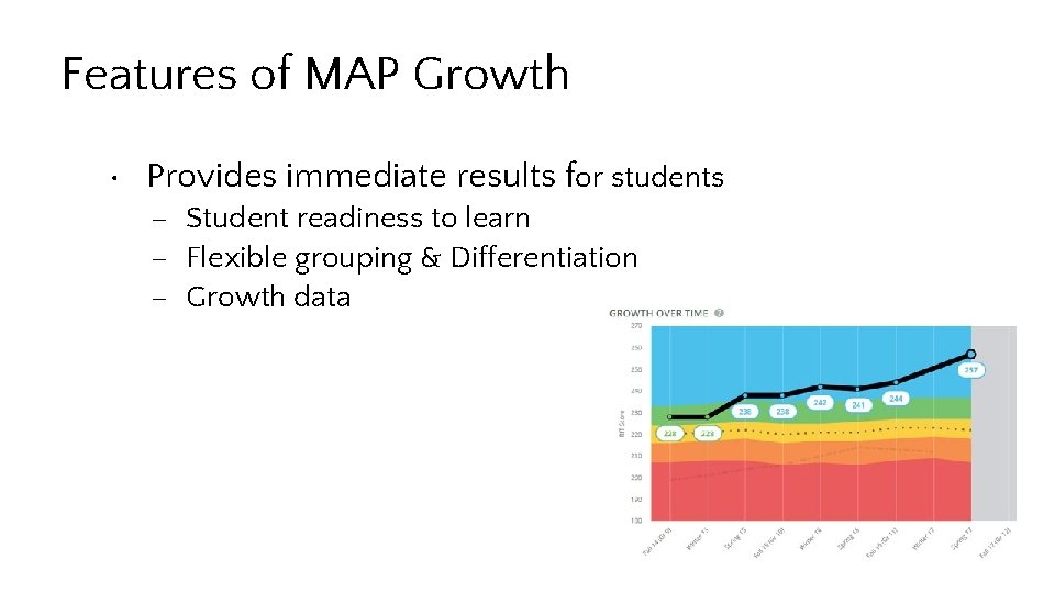 Features of MAP Growth • Provides immediate results for students – Student readiness to