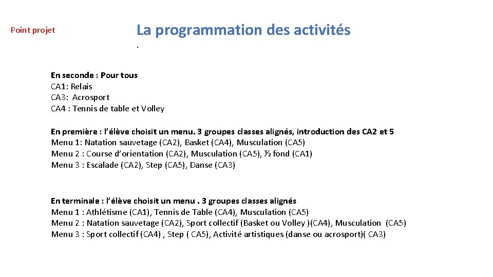 Point projet La programmation des activités. En seconde : Pour tous CA 1: Relais