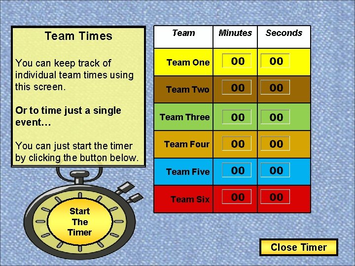 Team Times You can keep track of individual team times using this screen. Or