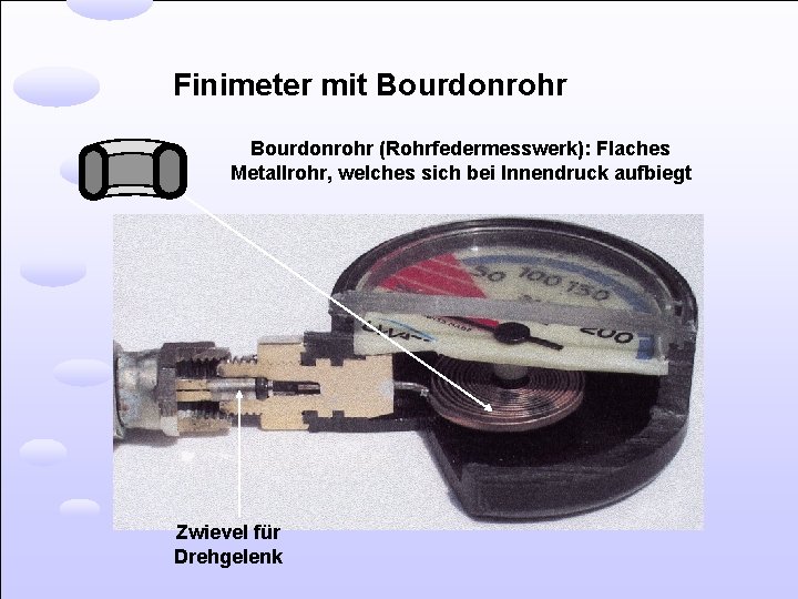 Finimeter mit Bourdonrohr (Rohrfedermesswerk): Flaches Metallrohr, welches sich bei Innendruck aufbiegt Zwievel für Drehgelenk