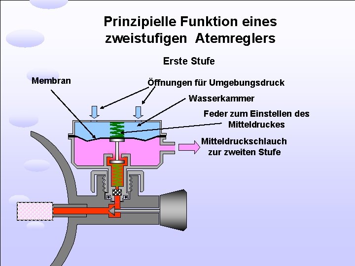 Prinzipielle Funktion eines zweistufigen Atemreglers Erste Stufe Membran Öffnungen für Umgebungsdruck Wasserkammer Feder zum