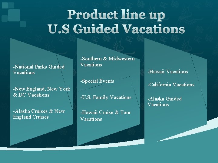 Product line up U. S Guided Vacations -National Parks Guided Vacations -Southern & Midwestern
