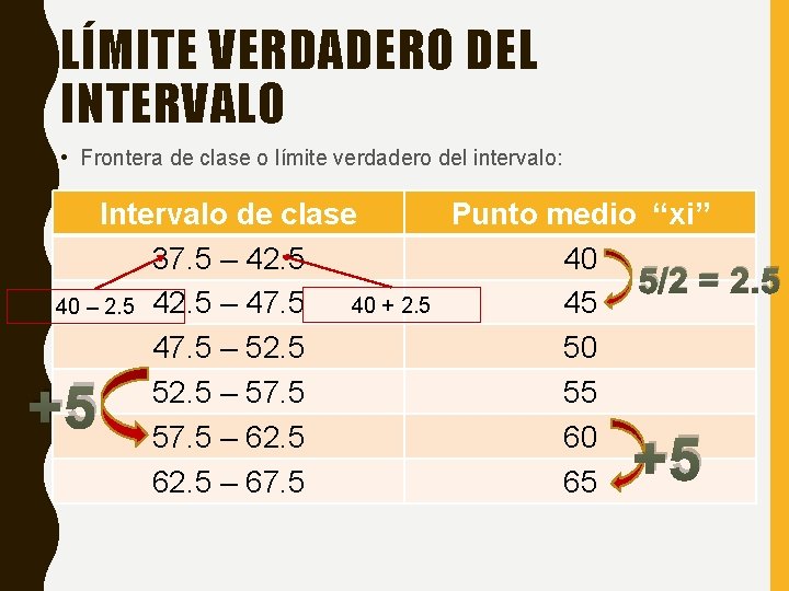 LÍMITE VERDADERO DEL INTERVALO • Frontera de clase o límite verdadero del intervalo: Intervalo