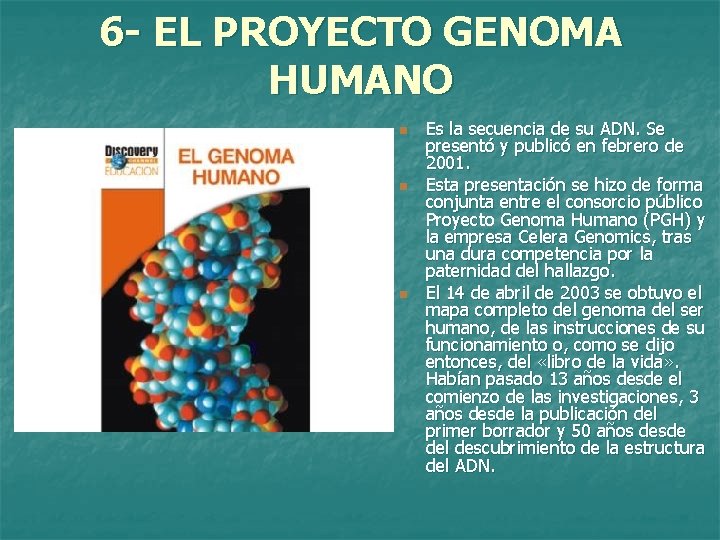 6 - EL PROYECTO GENOMA HUMANO n n n Es la secuencia de su