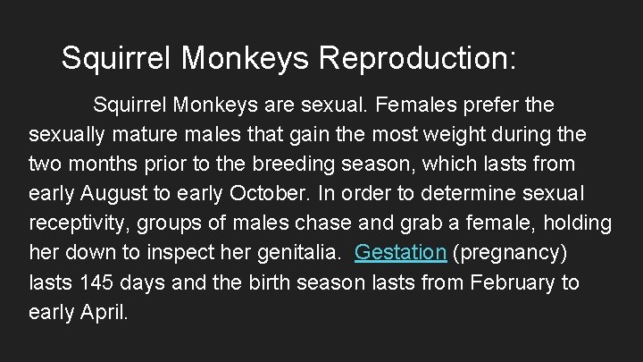 Squirrel Monkeys Reproduction: Squirrel Monkeys are sexual. Females prefer the sexually mature males that