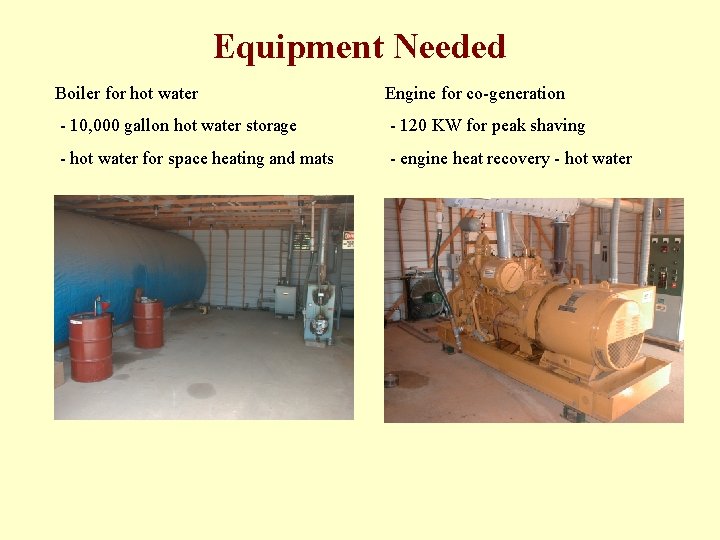 Equipment Needed Boiler for hot water Engine for co-generation - 10, 000 gallon hot